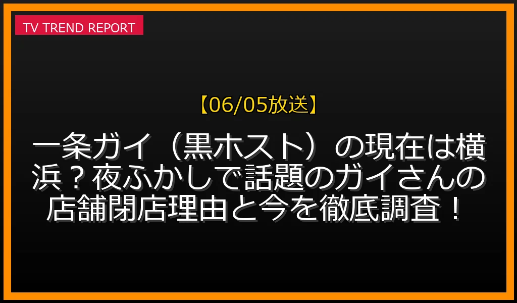 【06/05放送】一条ガイ（黒ホスト）の現在は横浜？夜ふかしで話題のガイさんの店舗閉店理由と今を徹底調査！の放送内容と見どころ