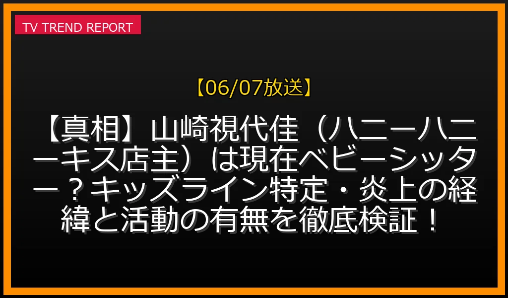 【06/07放送】【真相】山崎視代佳（ハニーハニーキス店主）は現在ベビーシッター？キッズライン特定・炎上の経緯と活動の有無を徹底検証！の放送内容と見どころ