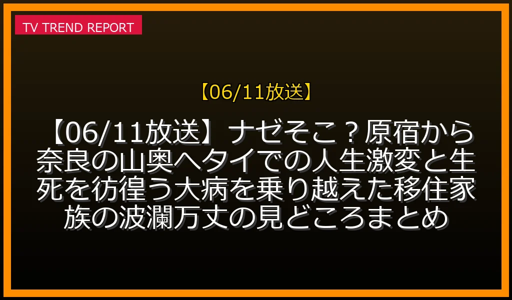 【06/11放送】【06/11放送】ナゼそこ？原宿から奈良の山奥へ！タイでの人生激変と生死を彷徨う大病を乗り越えた移住家族の波瀾万丈SPの見どころまとめの放送内容と見どころ