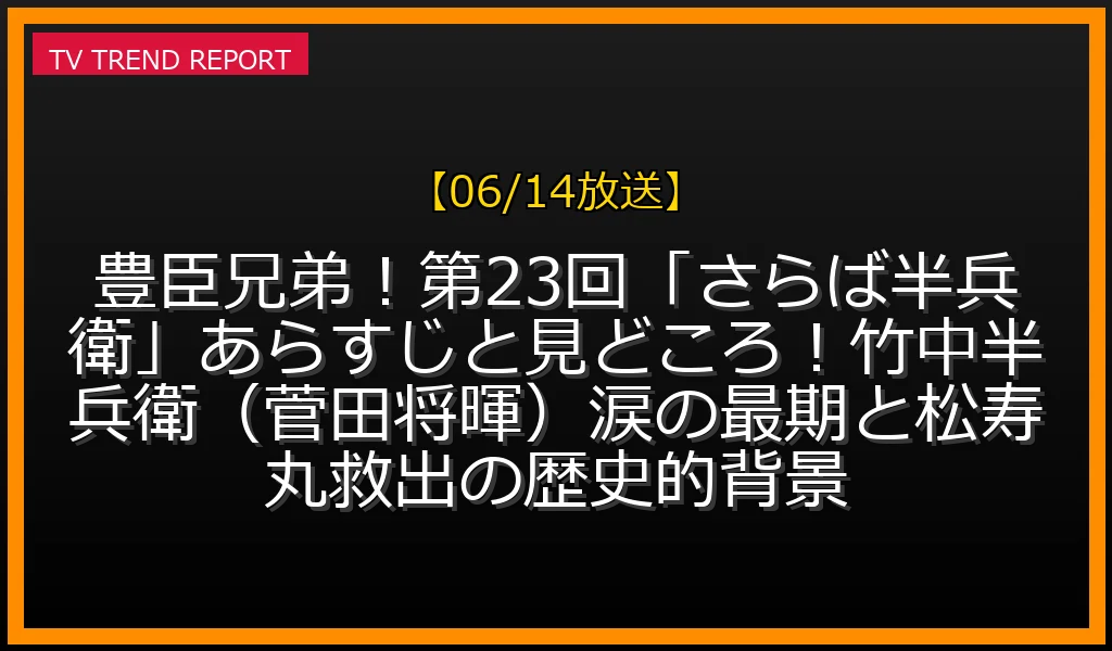 【06/14放送】豊臣兄弟！第23回「さらば半兵衛」あらすじと見どころ！竹中半兵衛（菅田将暉）涙の最期と松寿丸救出の歴史的背景の放送内容と見どころ