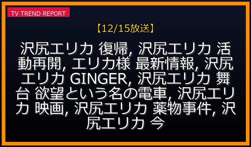 【12/15放送】沢尻エリカ「エリカ様」完全復帰へ！GINGER表紙・舞台主演から映画まで、活動再開の全貌と今後の展望の最新情報・見どころ解説