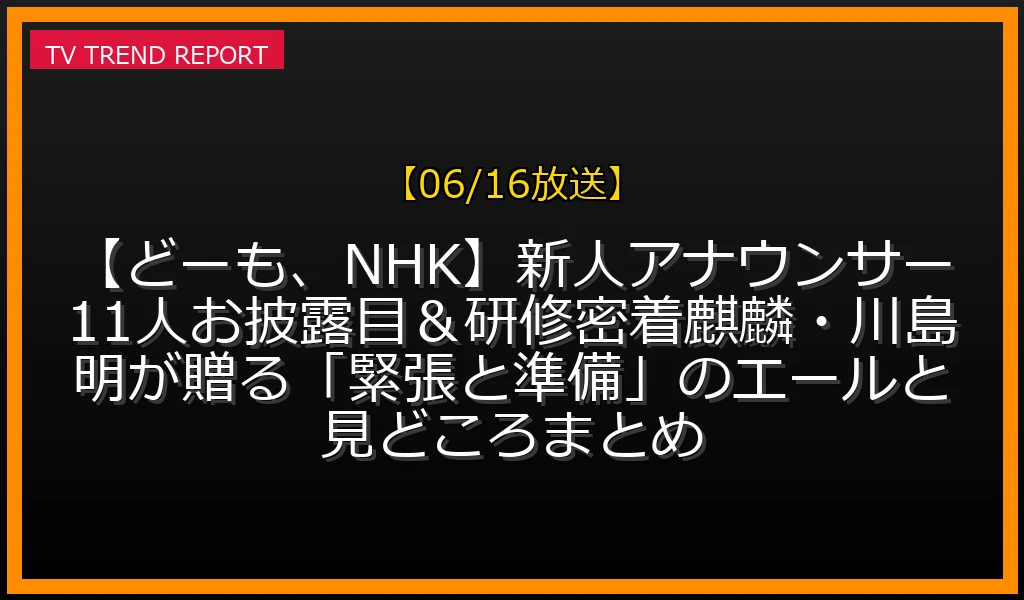 【06/16放送】【どーも、NHK】新人アナウンサー11人お披露目＆研修密着SP！麒麟・川島明が贈る「緊張と準備」のエールと見どころまとめの放送内容と見どころ